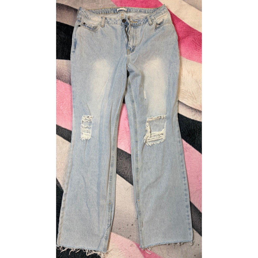 Avec Les Filles Womens Distressed Wide Leg Jeans Light Wash Denim Size 31